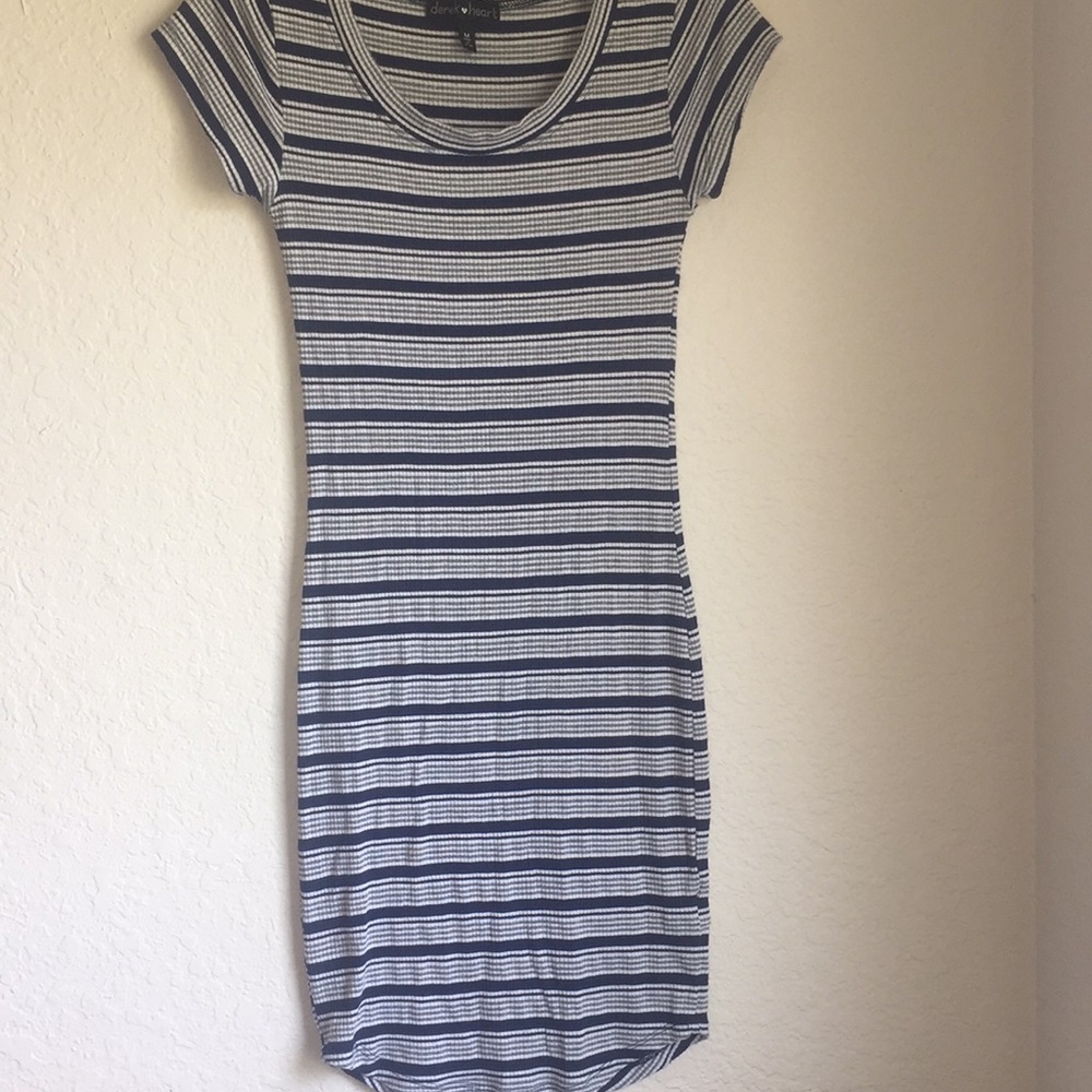 Navy blue, grey, and white bodycon dtess